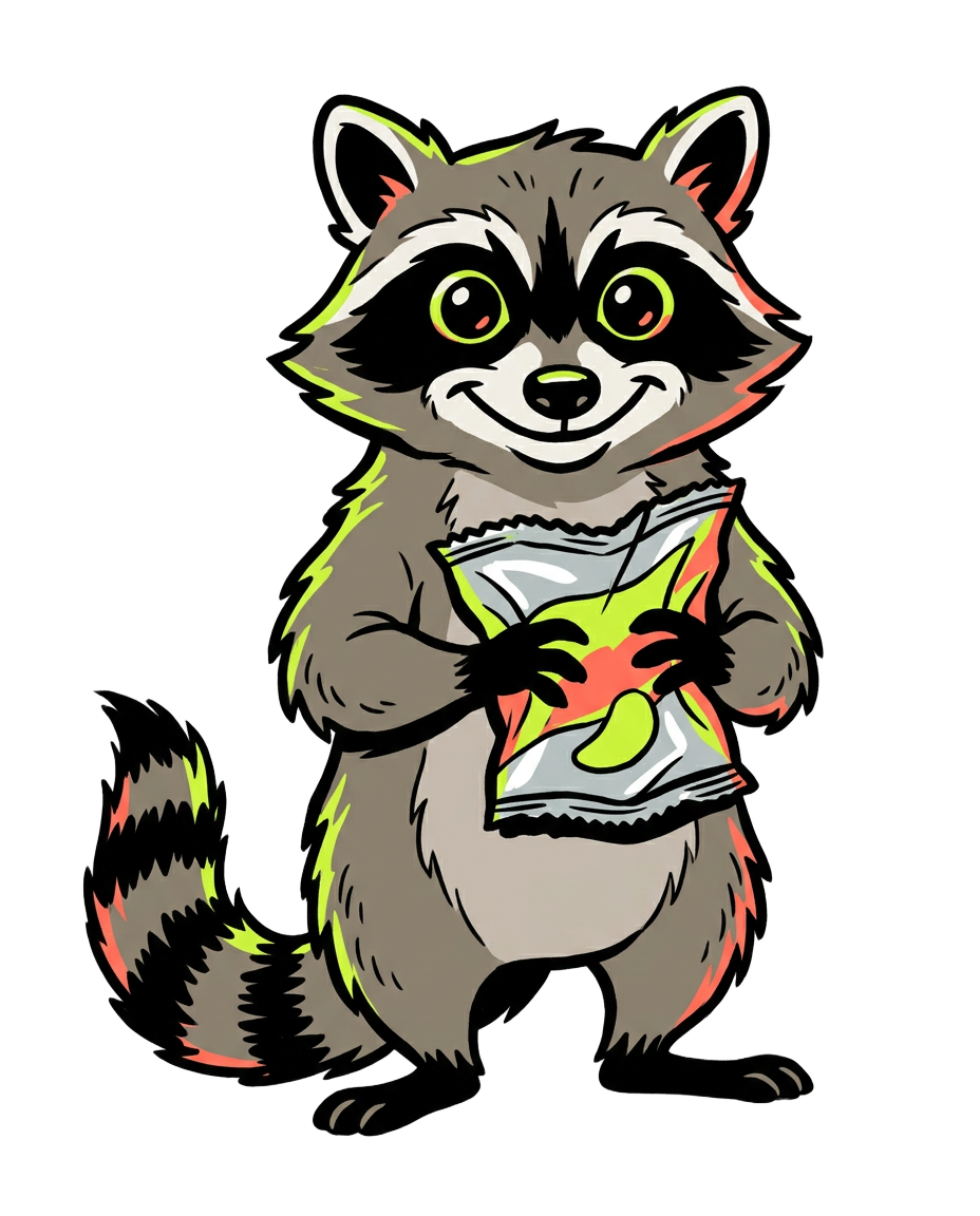 GTR raccoon mascot holding a bag of chips