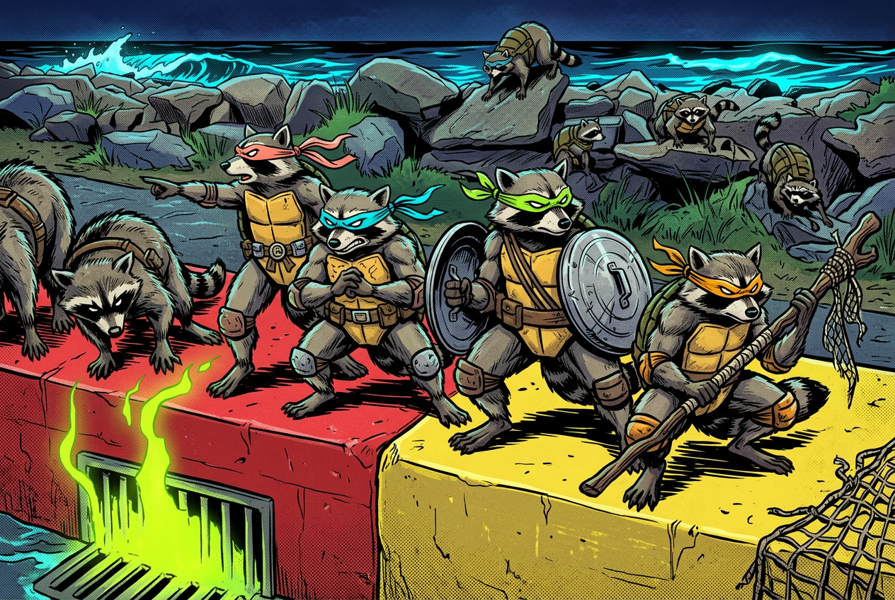Original mutant raccoon street crew defending the Galveston seawall